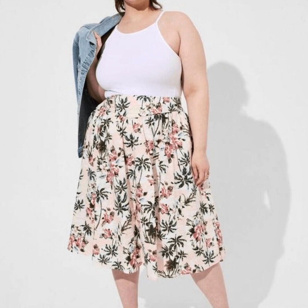 Torrid Plus Size 26 Women’s Midi Poplin High Waist Skirt Tropic Palm Trees - Picture 2 of 11